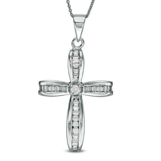 0.88 CT. T.W. Baguette and Round Natural Diamond Cross Pendant in 14K White Gold