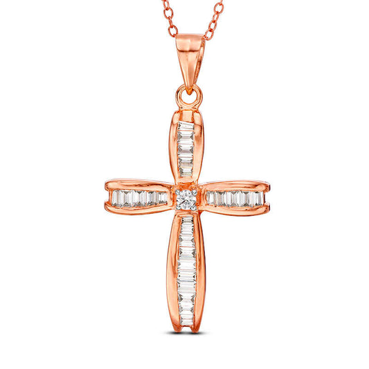 0.88 CT. T.W. Baguette and Round Natural Diamond Cross Pendant in 14K Rose Gold