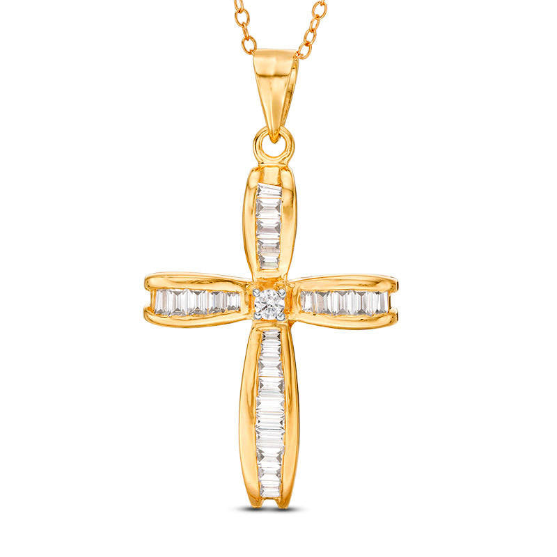 0.88 CT. T.W. Baguette and Round Natural Diamond Cross Pendant in 14K Gold