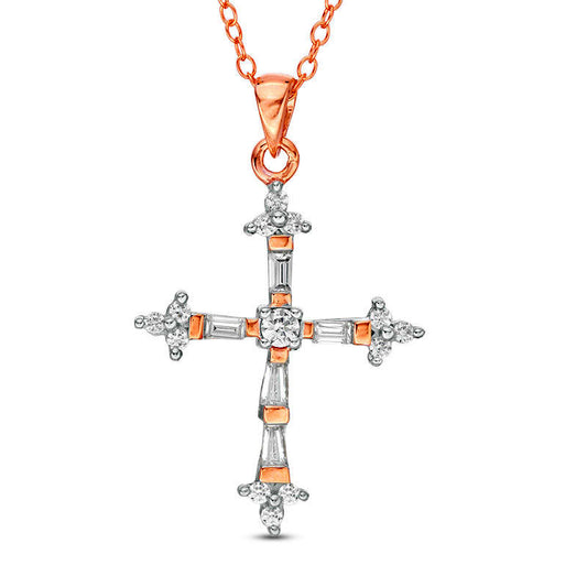 0.5 CT. T.W. Baguette and Round Natural Diamond Cross Pendant in 14K Rose Gold