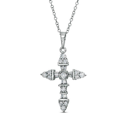 1 CT. T.W. Baguette and Round Natural Diamond Cross Pendant in 14K White Gold