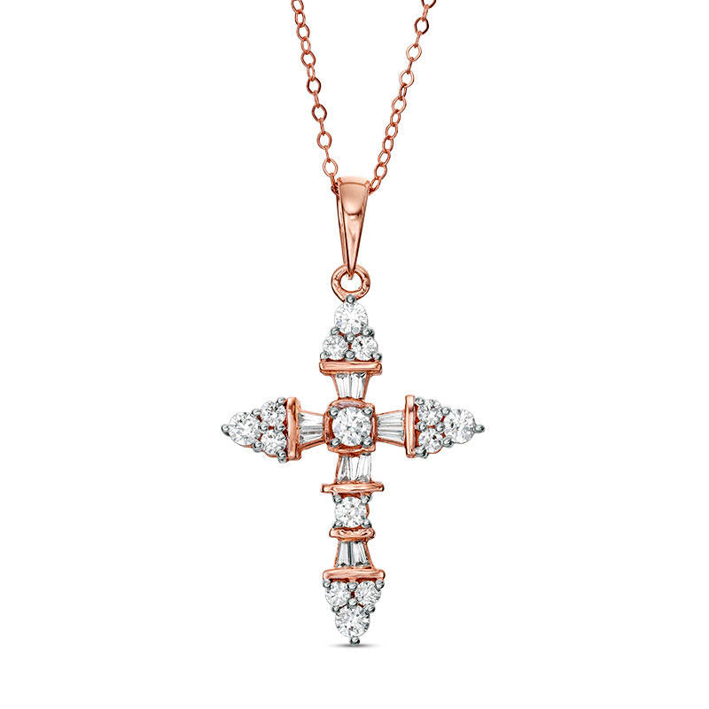 1 CT. T.W. Baguette and Round Natural Diamond Cross Pendant in 14K Rose Gold