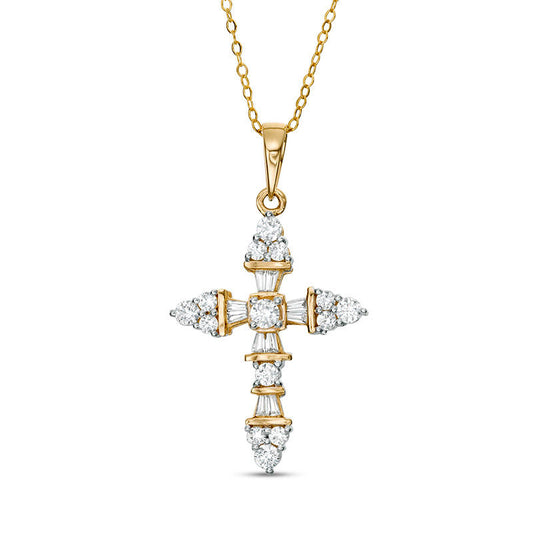 1 CT. T.W. Baguette and Round Natural Diamond Cross Pendant in 14K Gold