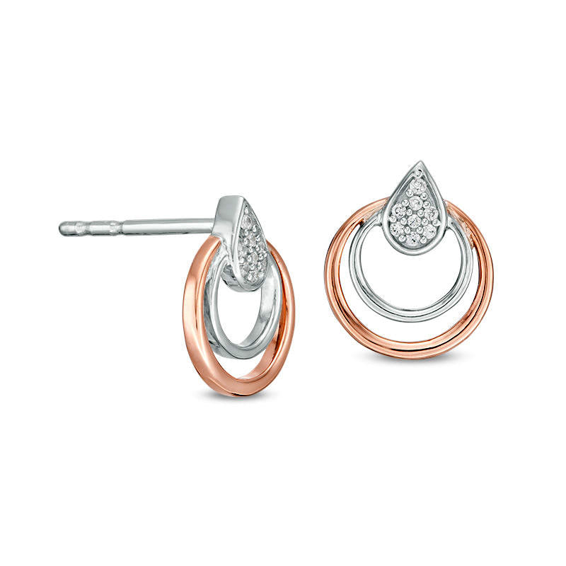 Diamond Accent Teardrop and Double Circle Stud Earrings in 10K Two-Tone Gold