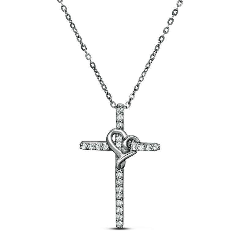 0.13 CT. T.W. Natural Diamond Cross with Heart Pendant in Sterling Silver