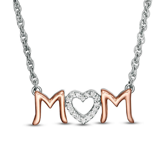 0.05 CT. T.W. Natural Diamond Heart "MOM" Necklace in Sterling Silver and 10K Rose Gold