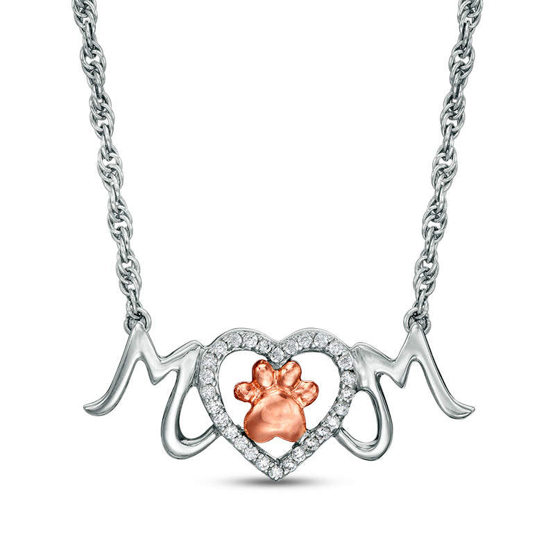 0.1 CT. T.W. Natural Diamond Paw Print and Heart "MOM" Necklace in Sterling Silver and 10K Rose Gold