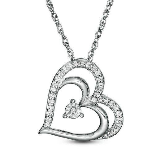 0.1 CT. T.W. Natural Diamond Tilted Double Heart Pendant in 10K White Gold