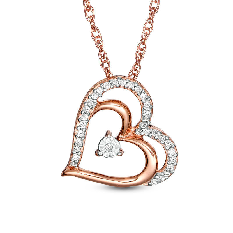 0.1 CT. T.W. Natural Diamond Tilted Double Heart Pendant in 10K Rose Gold