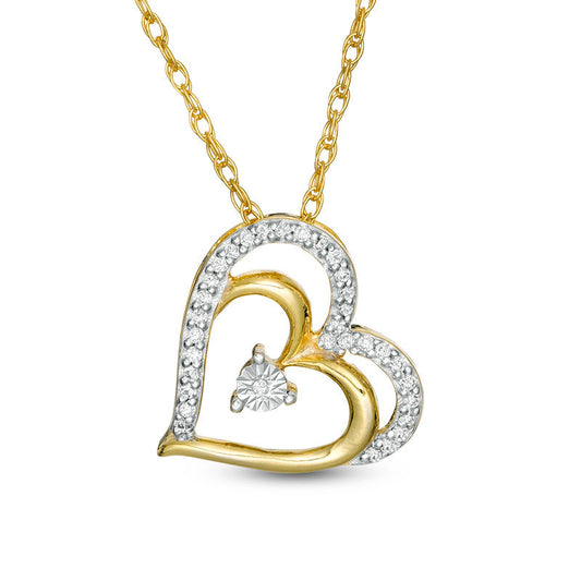 0.1 CT. T.W. Natural Diamond Tilted Double Heart Pendant in 10K Yellow Gold