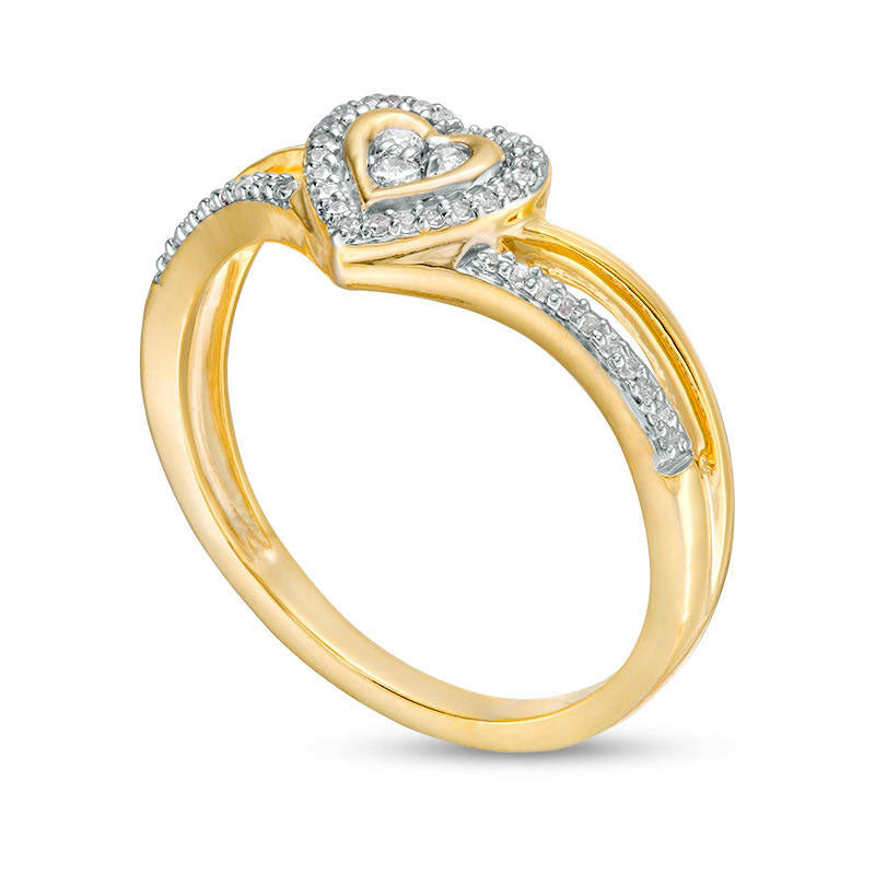 0.13 CT. T.W. Composite Natural Diamond Heart Frame Split Shank Promise Ring in Solid 10K Yellow Gold