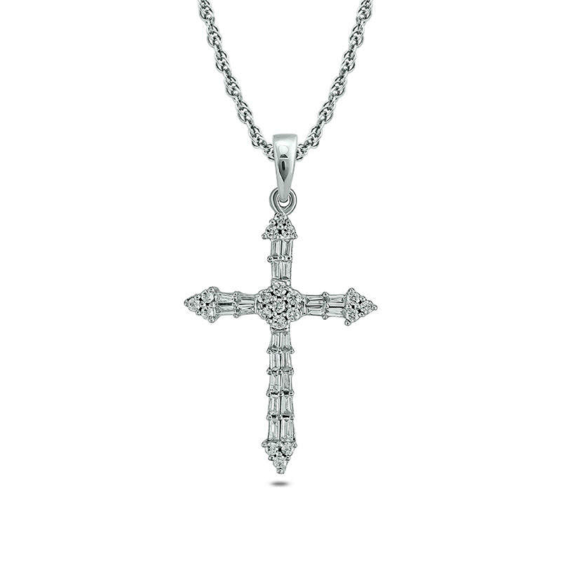 0.33 CT. T.W. Baguette and Round Natural Diamond Cross Pendant in 10K White Gold