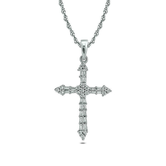 0.33 CT. T.W. Baguette and Round Natural Diamond Cross Pendant in 10K White Gold