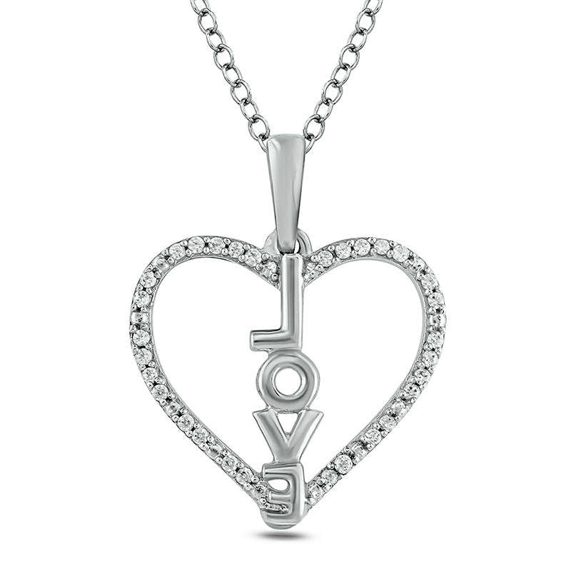 0.1 CT. T.W. Natural Diamond Vertical "LOVE" Heart Outline Pendant in Sterling Silver