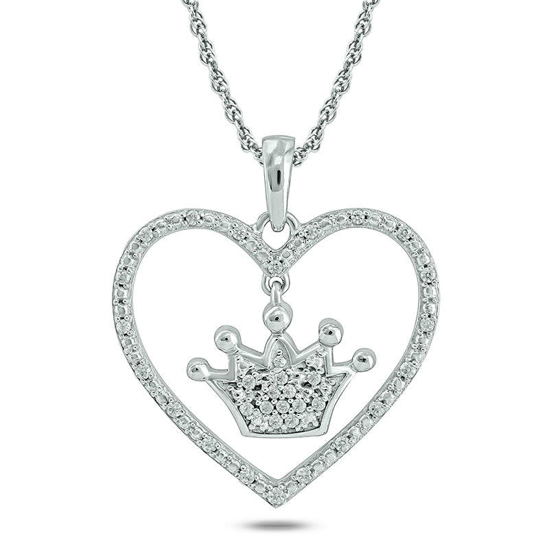 0.1 CT. T.W. Natural Diamond Heart Outline with Crown Drop center Pendant in 10K White Gold