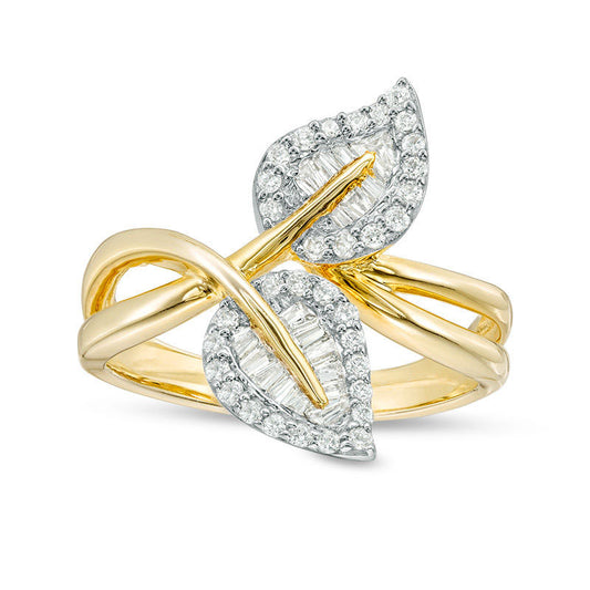 0.38 CT. T.W. Baguette and Round Natural Diamond Bypass Double Leaf Ring in Solid 10K Yellow Gold
