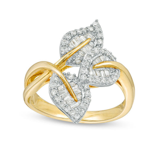 0.38 CT. T.W. Baguette and Round Natural Diamond Bypass Triple Leaf Ring in Solid 10K Yellow Gold