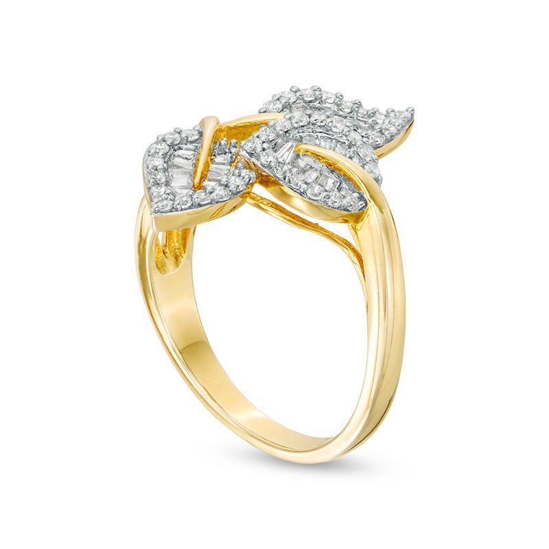 0.38 CT. T.W. Baguette and Round Natural Diamond Bypass Triple Leaf Ring in Solid 10K Yellow Gold