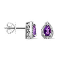 Pear-Shaped Amethyst and Diamond Accent Frame Stud Earrings in Sterling Silver