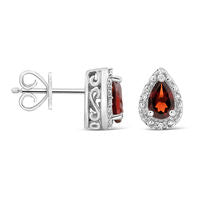 Pear-Shaped Garnet and Diamond Accent Frame Stud Earrings in Sterling Silver