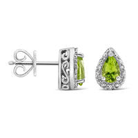 Pear-Shaped Peridot and Diamond Accent Frame Stud Earrings in Sterling Silver