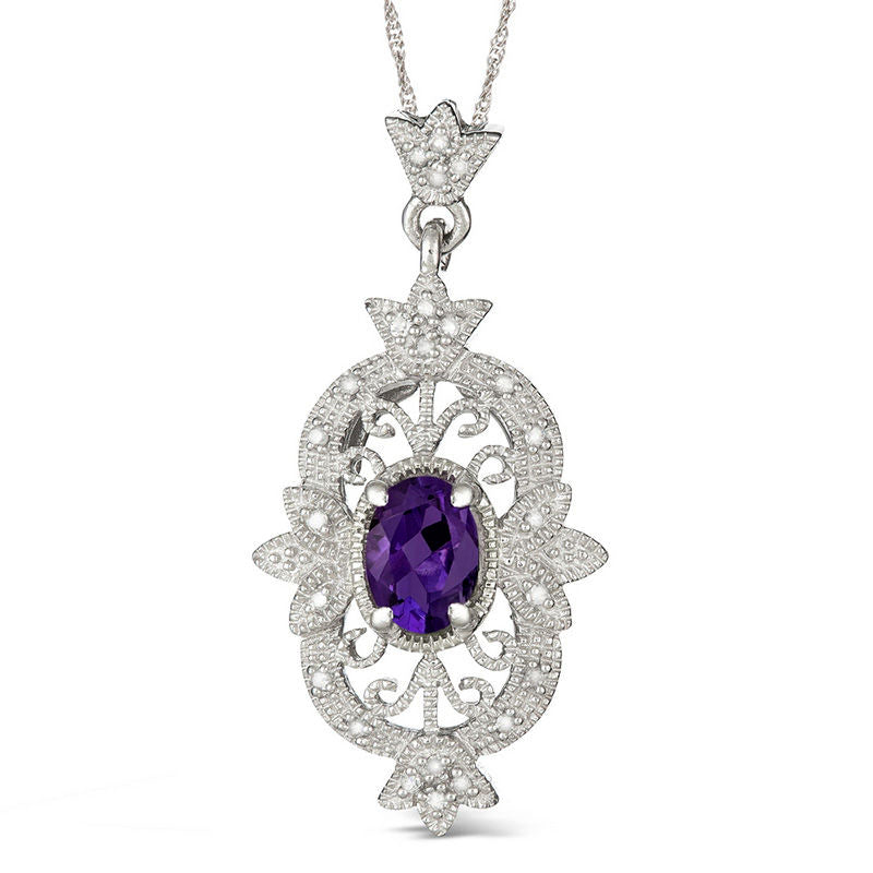 Oval Amethyst and 0.1 CT. T.W. Natural Diamond Antique Vintage-Style Pendant in Sterling Silver