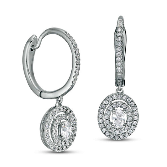 0.5 CT. T.W. Certified Oval Diamond Double Frame Hoop Drop Earrings in 14K White Gold (I/SI2)