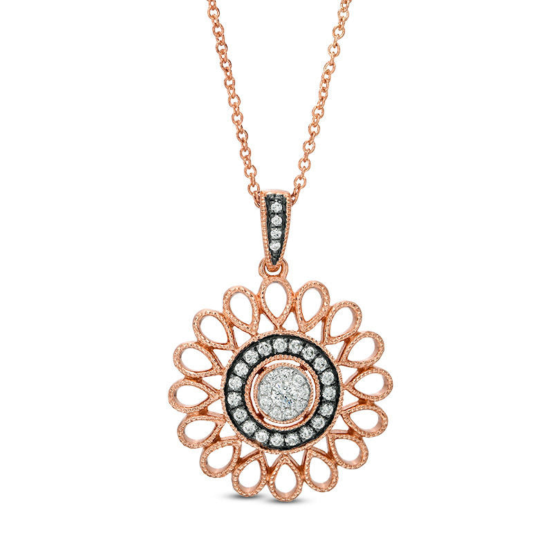 0.38 CT. T.W. Natural Diamond Flower Outline Antique Vintage-Style Pendant in 10K Rose Gold with Black Rhodium