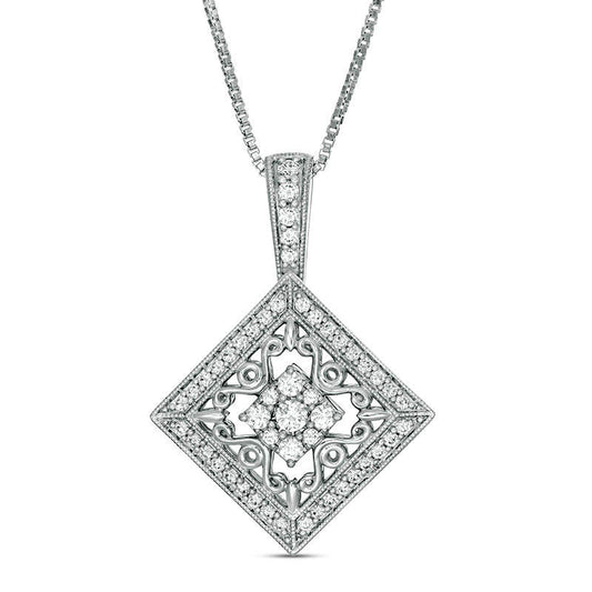 0.5 CT. T.W. Natural Diamond Tilted Square Frame Filigree Pendant in 10K White Gold