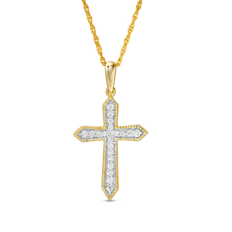 0.17 CT. T.W. Natural Diamond Antique Vintage-Style Cross Pendant in 10K Yellow Gold