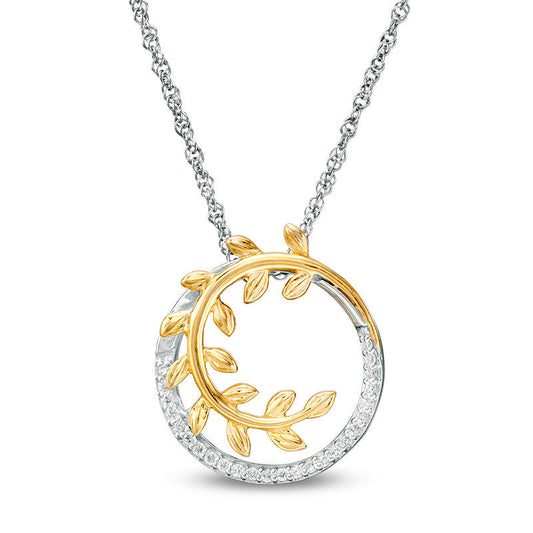 0.1 CT. T.W. Natural Diamond Leaf Vine Circle Pendant in Sterling Silver and 10K Yellow Gold