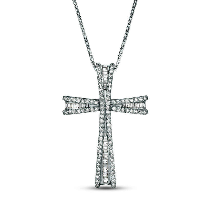 0.63 CT. T.W. Baguette and Round Natural Diamond Flared Cross Pendant in Sterling Silver