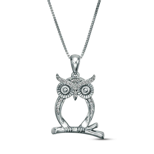 0.1 CT. T.W. Natural Diamond Perched Owl Outline Pendant in Sterling Silver