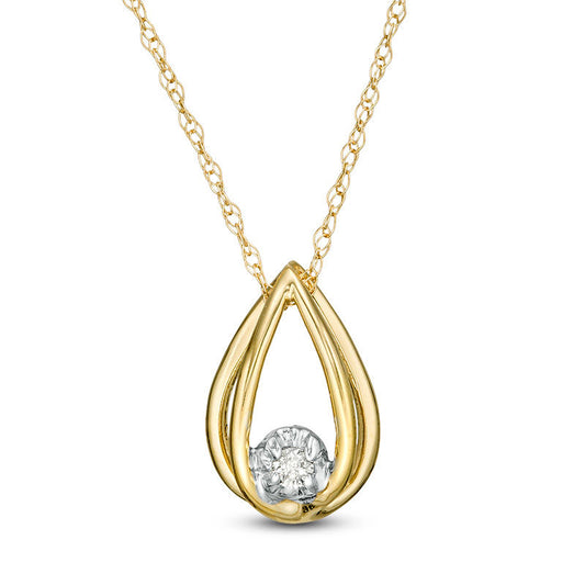 Natural Clarity Enhanced Accent Solitaire Elongated Teardrop Cage Pendant in 10K Yellow Gold