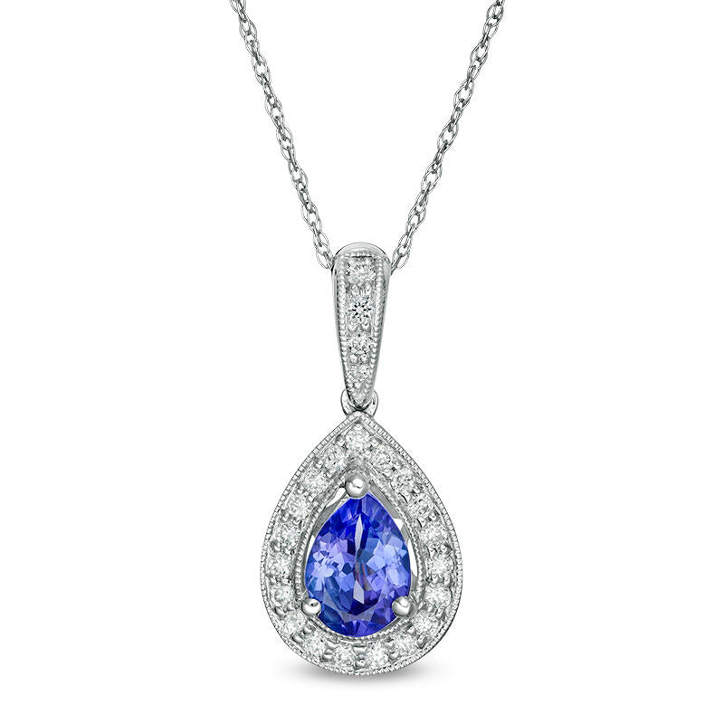 Pear-Shaped Tanzanite and 0.17 CT. T.W. Natural Diamond Frame Antique Vintage-Style Drop Pendant in 14K White Gold