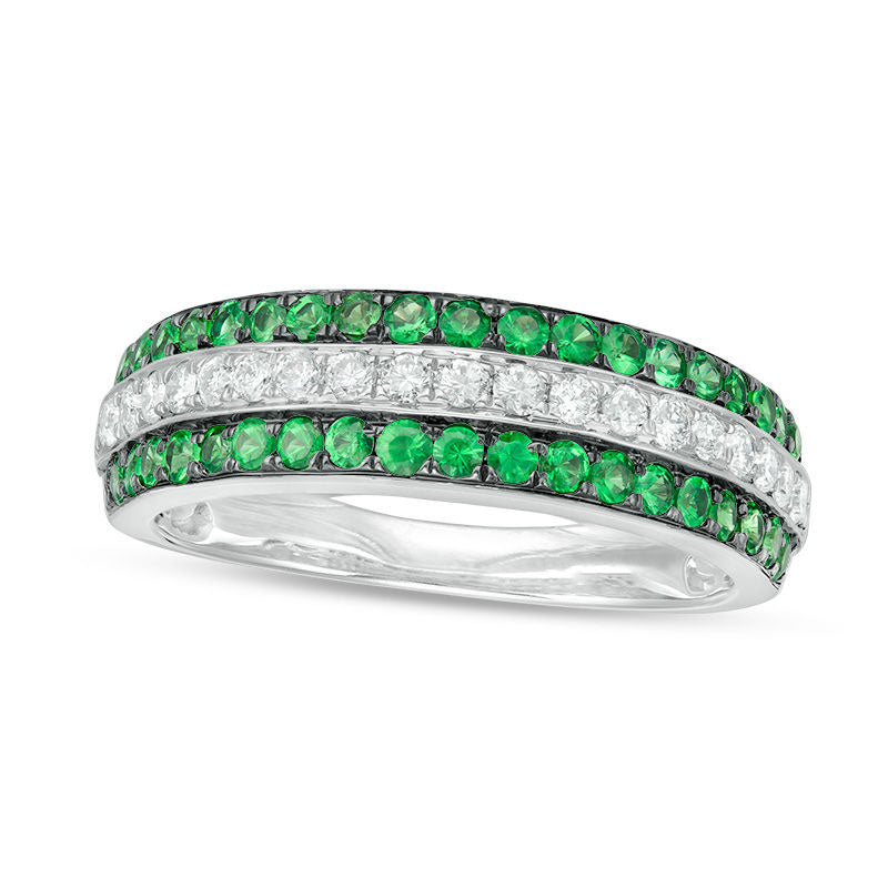 Tsavorite and 0.33 CT. T.W. Natural Diamond Border Triple Row Ring in Solid 14K White Gold