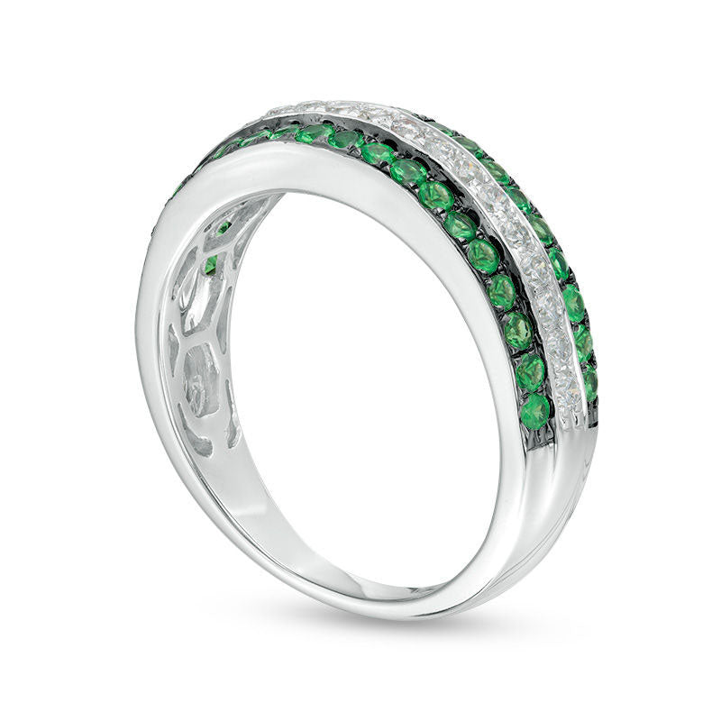 Tsavorite and 0.33 CT. T.W. Natural Diamond Border Triple Row Ring in Solid 14K White Gold