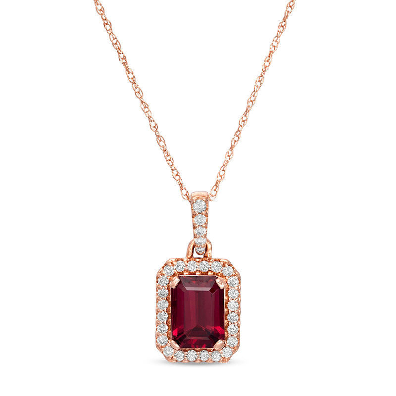 Emerald-Cut Garnet and 0.17 CT. T.W. Natural Diamond Octagon Frame Drop Pendant in 14K Rose Gold