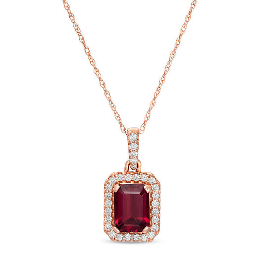 Emerald-Cut Garnet and 0.17 CT. T.W. Natural Diamond Octagon Frame Drop Pendant in 14K Rose Gold