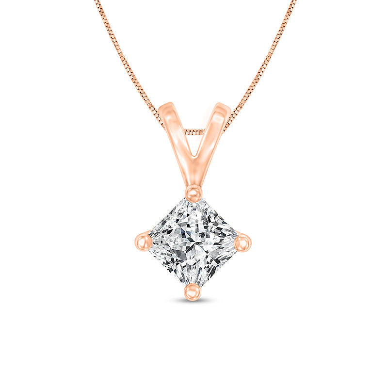 0.75 CT. Certified Princess-Cut Natural Clarity Enhanced Solitaire Pendant in 14K Rose Gold (I/VS2)