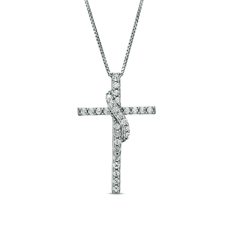 0.5 CT. T.W. Natural Diamond Cross with Sash Pendant in 10K White Gold