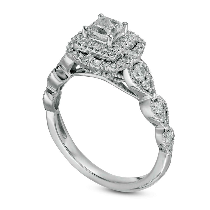 0.88 CT. T.W. Princess-Cut Natural Diamond Double Frame Art Deco Antique Vintage-Style Engagement Ring in Solid 10K White Gold