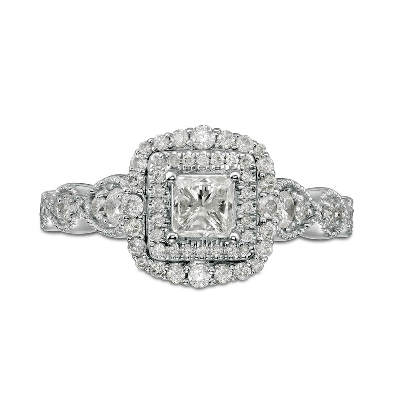 0.88 CT. T.W. Princess-Cut Natural Diamond Double Frame Art Deco Antique Vintage-Style Engagement Ring in Solid 10K White Gold