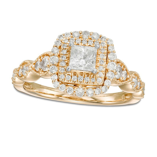 0.88 CT. T.W. Princess-Cut Natural Diamond Double Frame Art Deco Antique Vintage-Style Engagement Ring in Solid 10K Yellow Gold