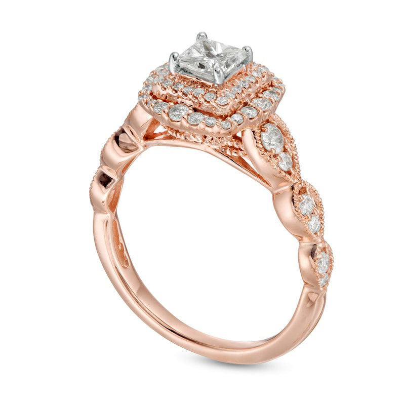 0.88 CT. T.W. Princess-Cut Natural Diamond Double Frame Art Deco Antique Vintage-Style Engagement Ring in Solid 10K Rose Gold