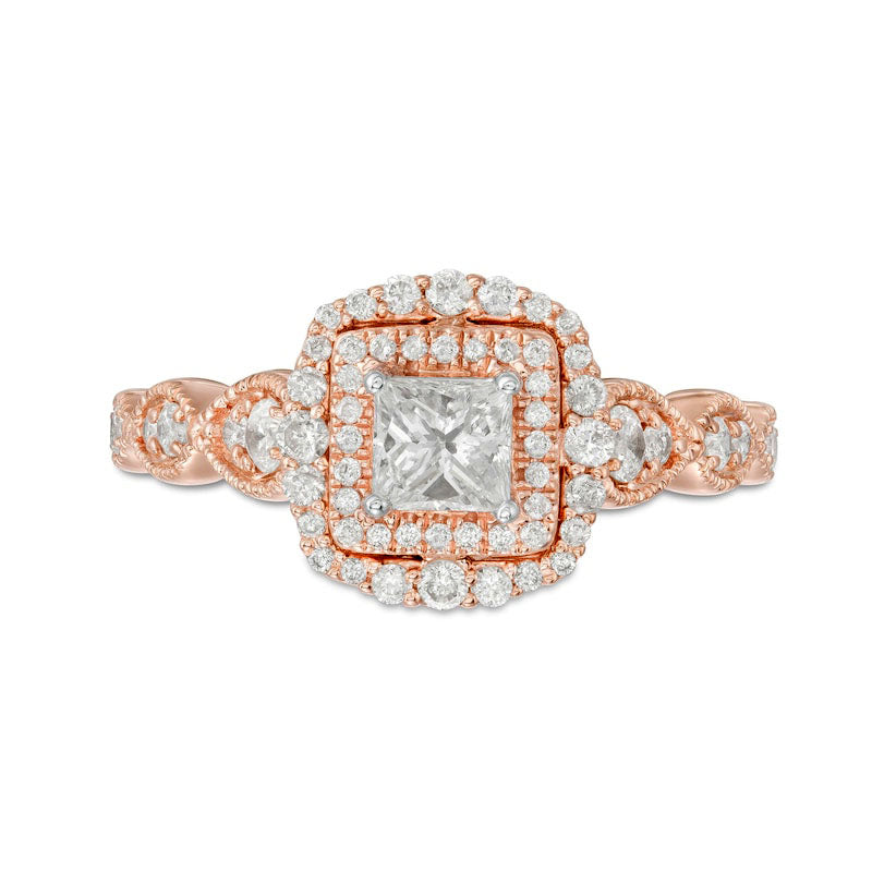 0.88 CT. T.W. Princess-Cut Natural Diamond Double Frame Art Deco Antique Vintage-Style Engagement Ring in Solid 10K Rose Gold