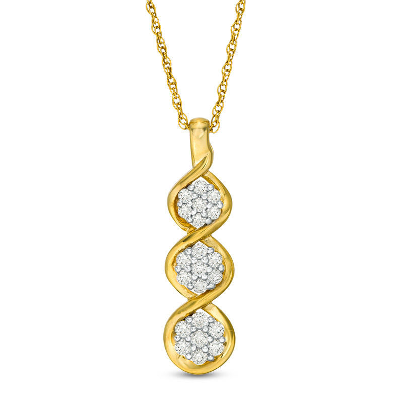 0.33 CT. T.W. Natural Diamond Triple Drop Pendant in 10K Yellow Gold