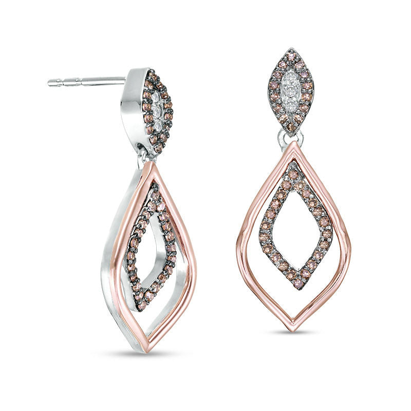 0.25 CT. T.W. Enhanced Champagne and White Diamond Marquise Outline Drop Earrings in Sterling Silver and 10K Rose Gold