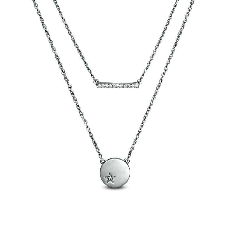 0.07 CT. T.W. Natural Diamond Bar and Disc with Star Double Strand Necklace in Sterling Silver - 20"