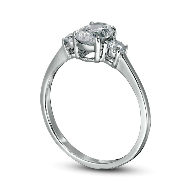 1.0 CT. T.W. Oval and Round Natural Diamond Three Stone Engagement Ring in Solid 14K White Gold